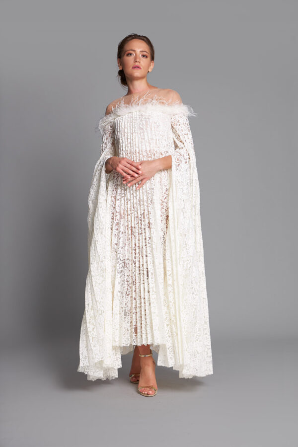 Feathered Off Shoulder Cape Sleeve Gown