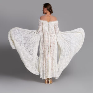 Feathered Off Shoulder Cape Sleeve Gown - Image 2