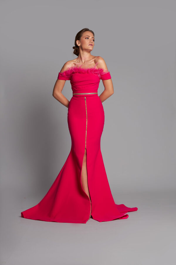 Feathered Off Shoulder Trumpet Gown