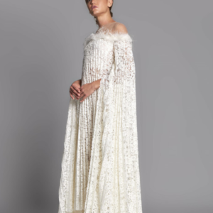 Feathered Off Shoulder Cape Sleeve Gown - Image 3